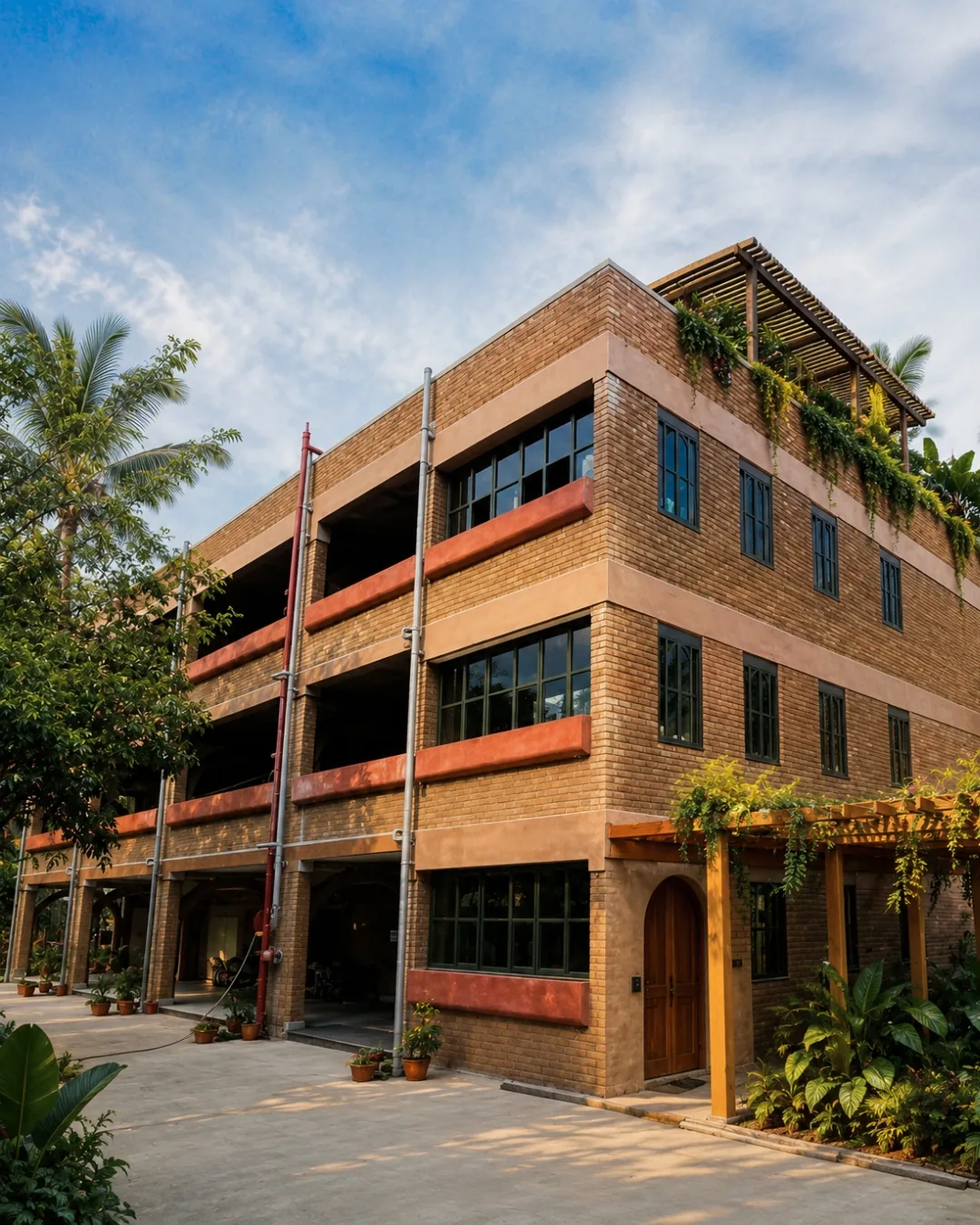 The school from the drive: three storeys of earth block under a planted roof terrace