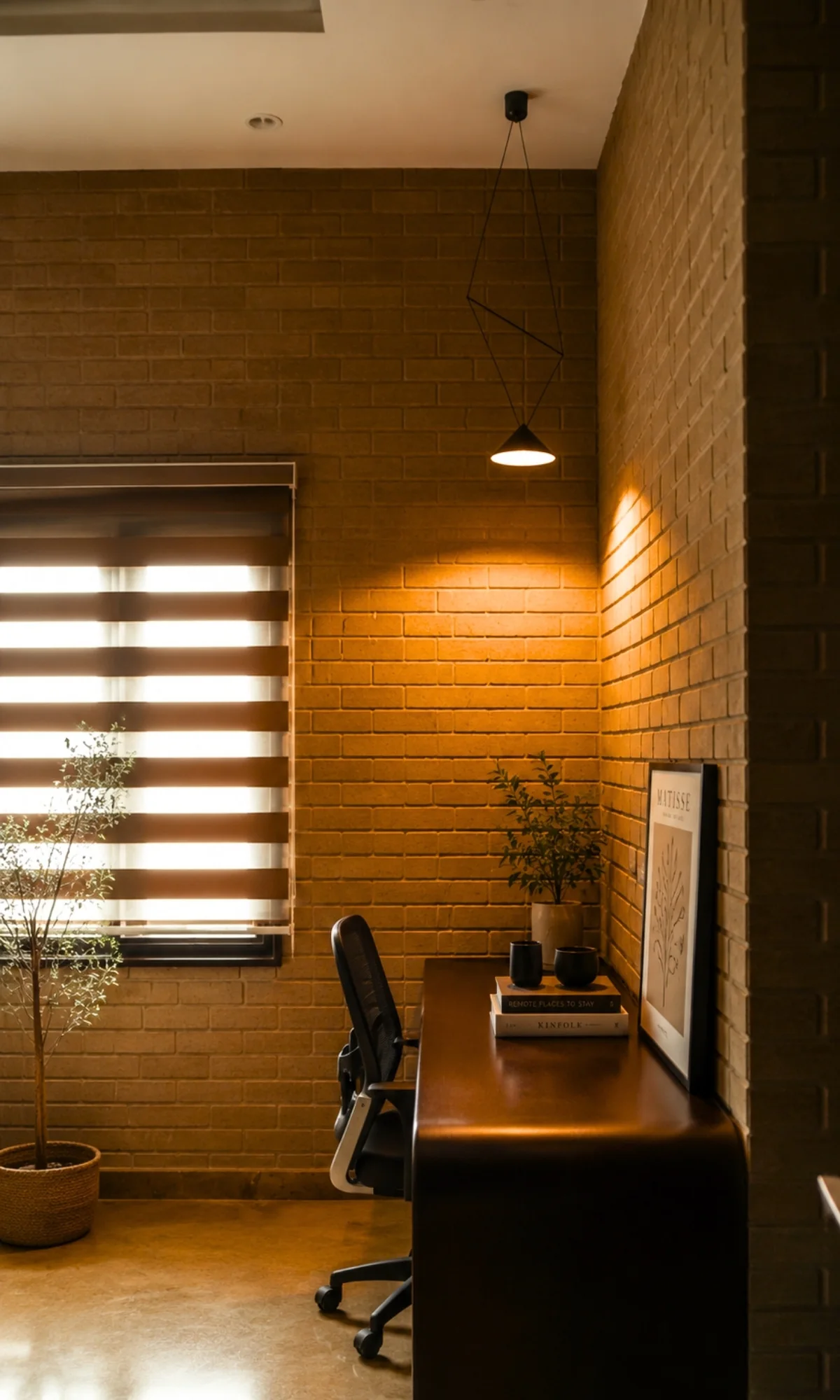 A study with exposed earth block walls, warm under a single pendant lamp after dark